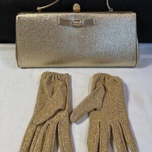 Vintage Gold Metallic clutch handbag purse w/matching gloves - 11.5"W x 5.25"D